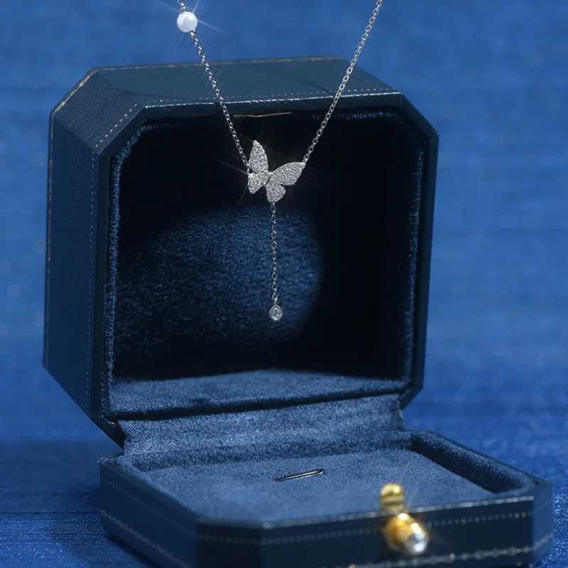 Korean style ins style jewelry fashion clavicle chain butterfly tassel diamond pendant 925 sterling silver necklace for women