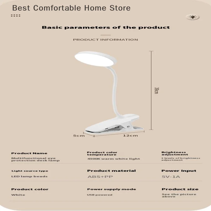 Led Table Lamp USB Rechargeable Night Light With Folding Clamp 3 Modes Dimming Eye Protection Light