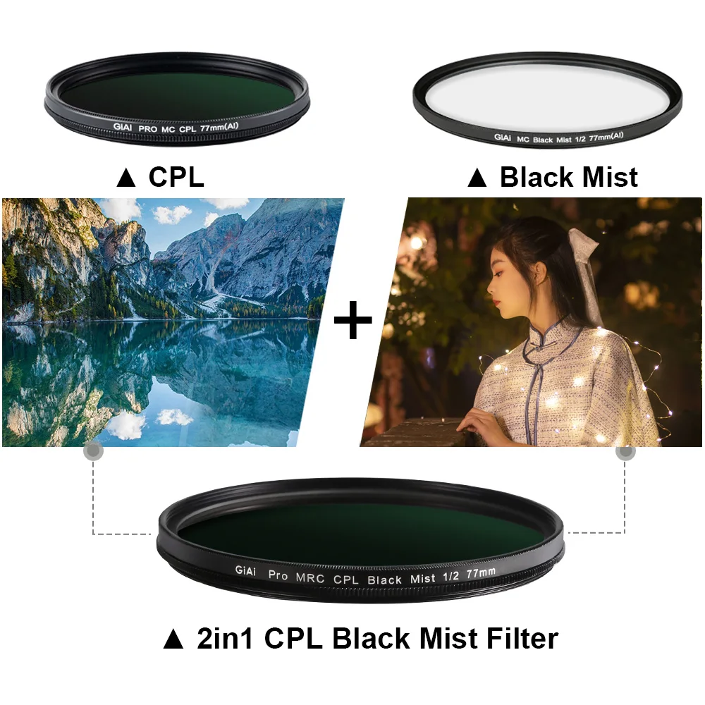 GiAi 2in1 Pro Black Mist Filter 1/4 1/2 And CPL Nano Coating Camera Lens 67 72 77 82mm For Canon Nikon Sony