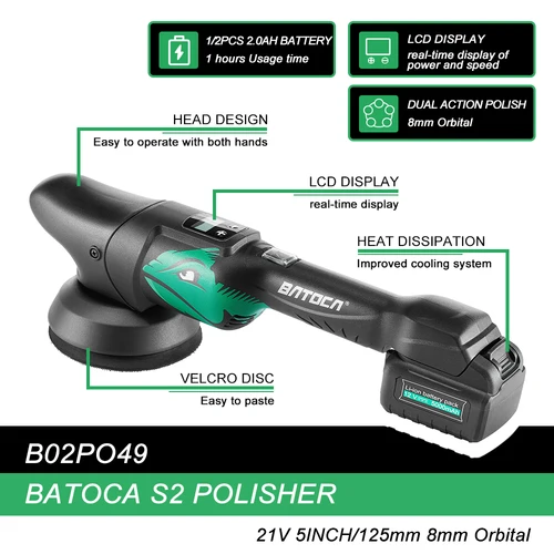 Imagen 2 del producto Batoca S2 21V juego de pulidor de coche inalámbrico batería máquina de abrillantado de coche inalámbrico doble acción LCD pulidor de arranque suave