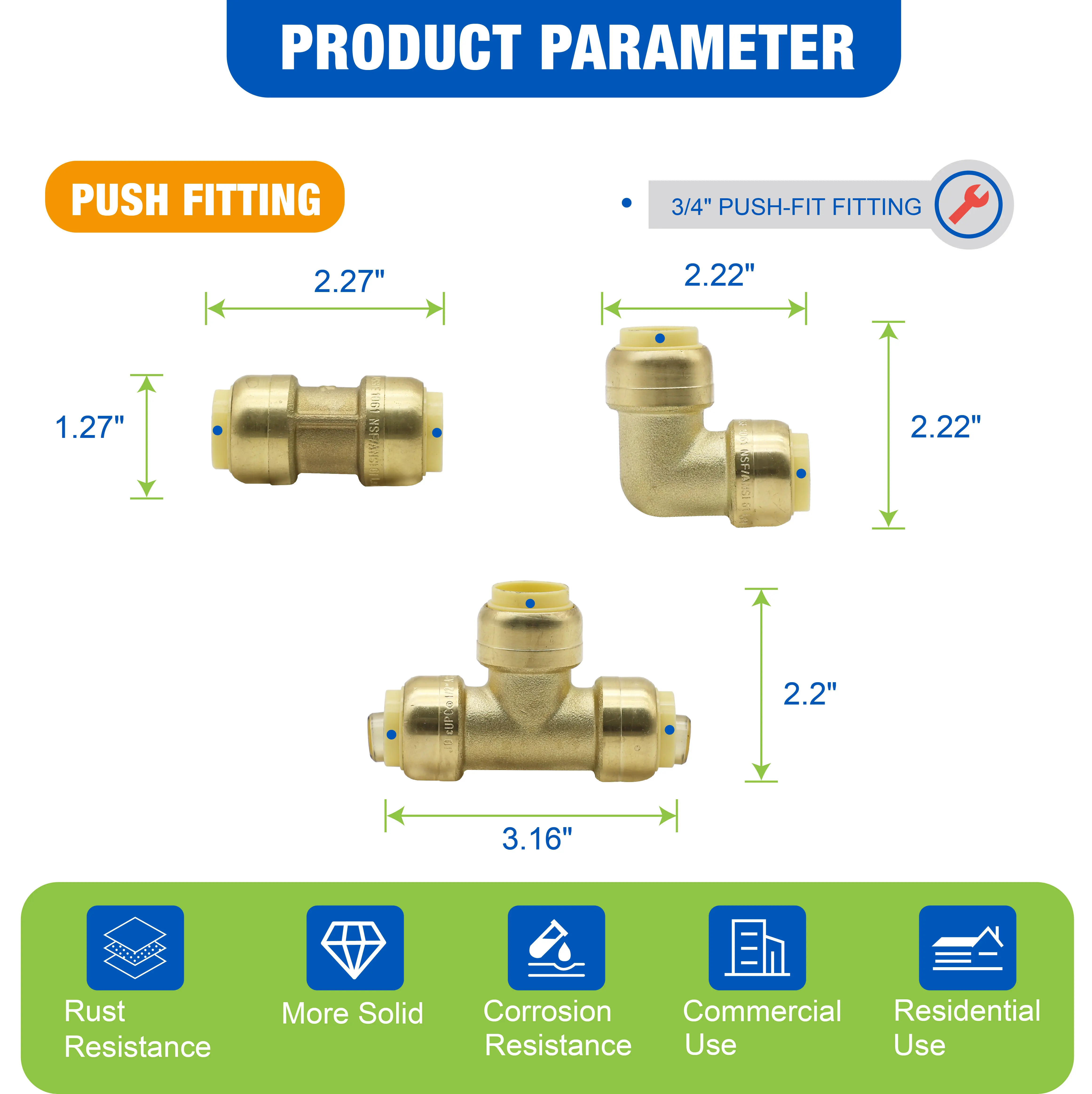 كينج سمارت 3/4 بوصة (8 قطع)، كوع (8 قطع)، تي (4 قطع)؛ مجموعة الدفع المناسب؛ نحاس خالٍ من الرصاص؛ 20 قطعة/الحالة؛ 80523