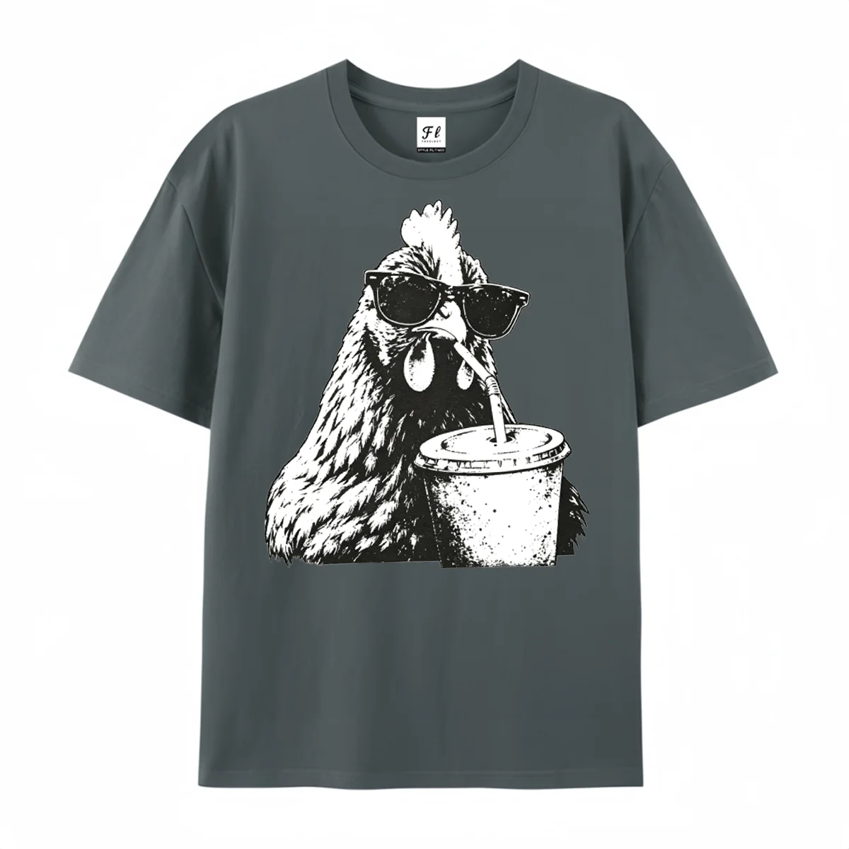Cool Rooster Wearing Sunglasses Drinking Soda Graphic T‑Shirt Retro Distressed Funny Animal Print Short Sleeve Tops Casual ee