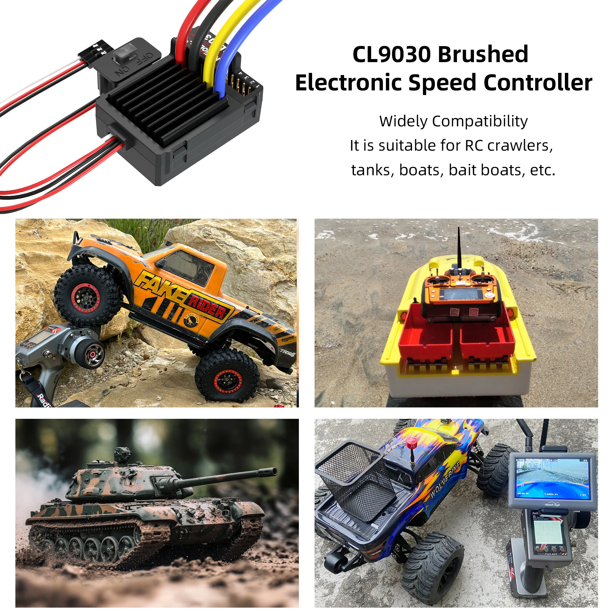 RadioLink CL9030 90A Brushed ESC IP66 Waterproof for 1/10 RC Car Boat Tanks Crawler 2S-4S XT60 LiPo BEC 5.5V/7.5V Low Heat