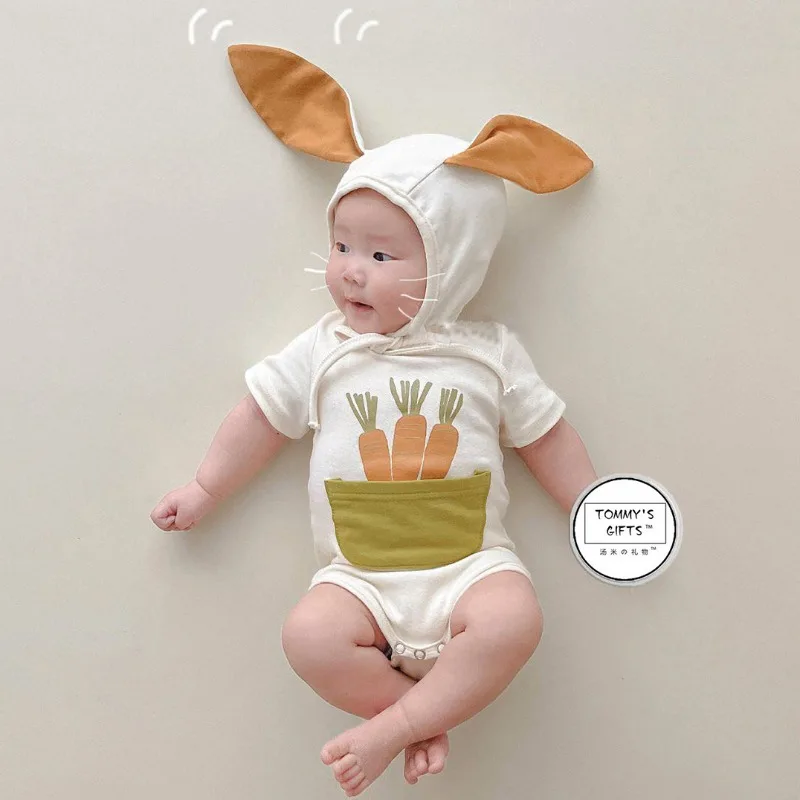 

Korean Funny Rabbit Newborn Baby Clothes Boy Girl Bodysuits ropa de bebe Short Sleeves Cotton Baby Romper Baby Outfits With Hat