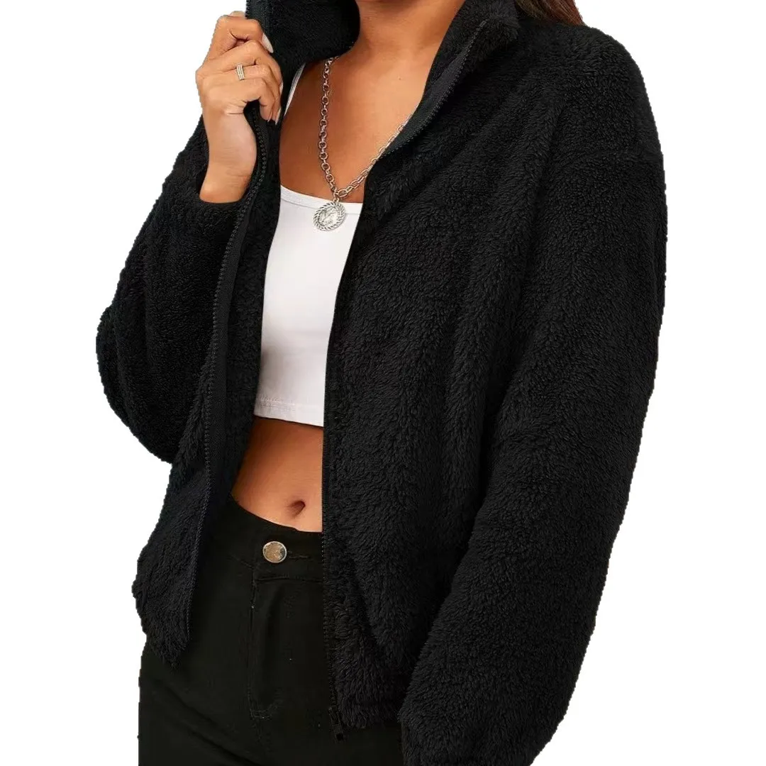 プル・ヒバー・ファム レディース スタンドカラー プラッシュジャケット 秋冬 多用途 無地 暖かいポケット付き 長袖 新作 ファー付きジャケット