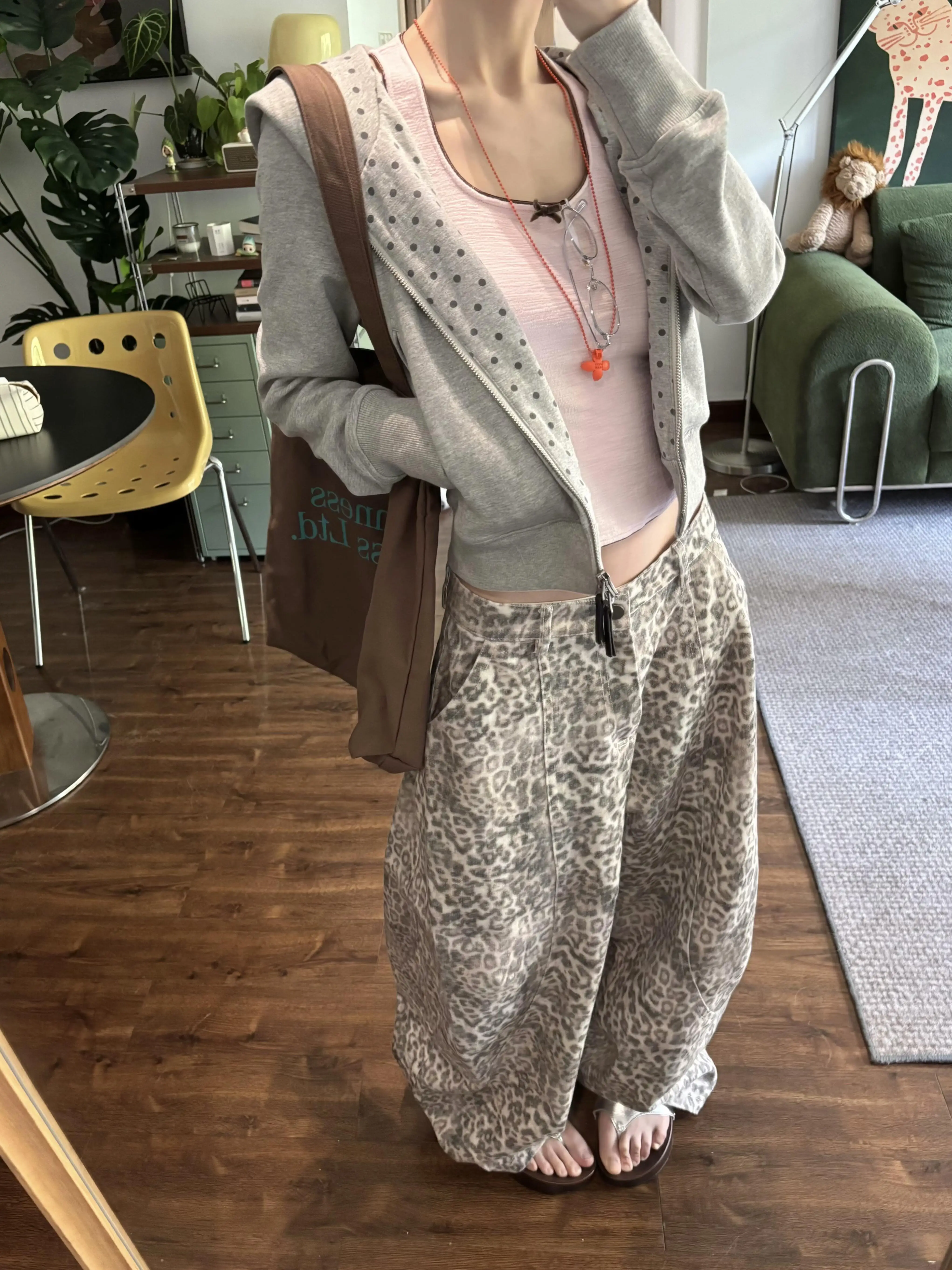 Sweet Cool Spicy American Style Leopard Print High Waist Loose Wide Leg Floor Length Pants Women's Denim Jeans Casual Autumn ...