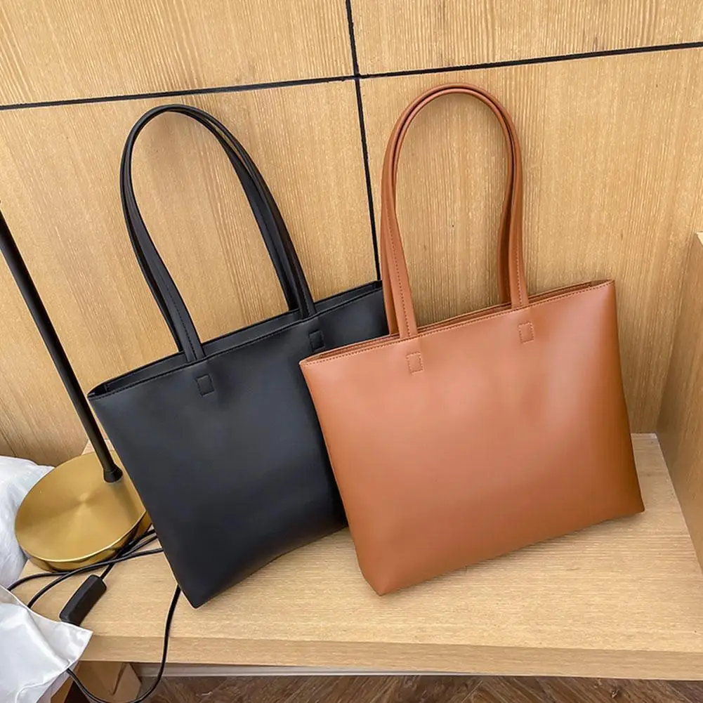 Women\'s Large Capacity Tote Bag Solid Color Simple Commuter Bag Ladies Casual Shoulder Shopping Bag PU Leather Underarm Bag