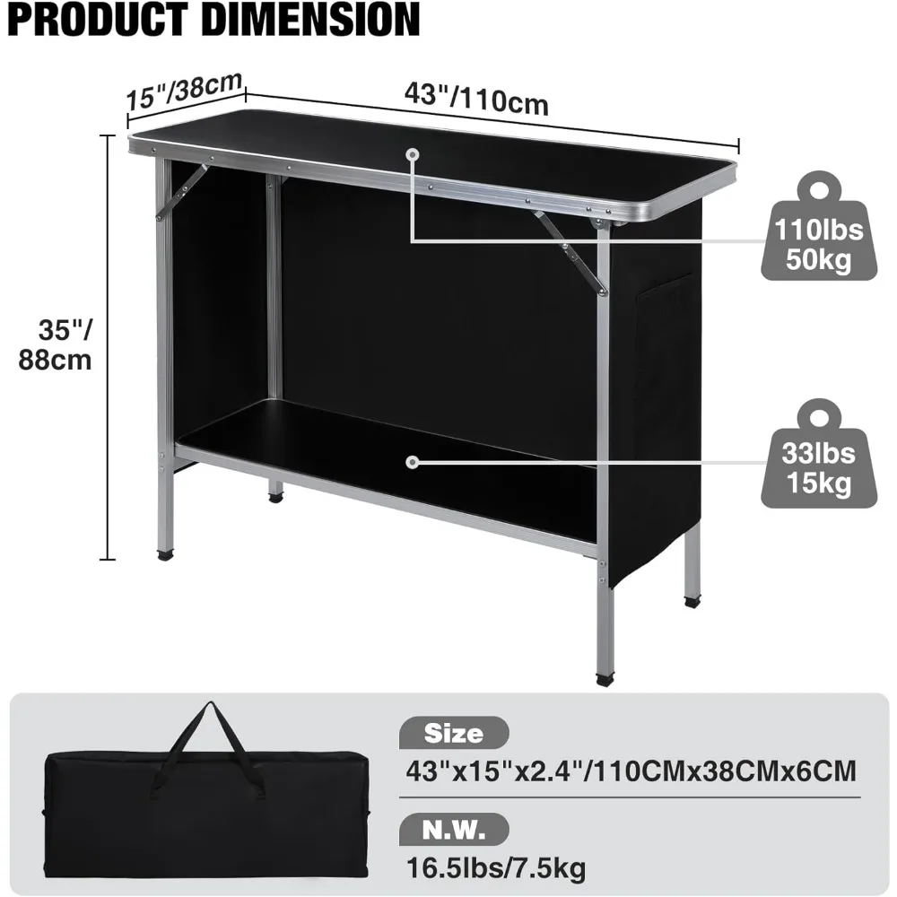 Portable Bar Table with Multi-Color LED Lights, Pop Up Folding Mobile Bar Bartender Table Podium Table for Events