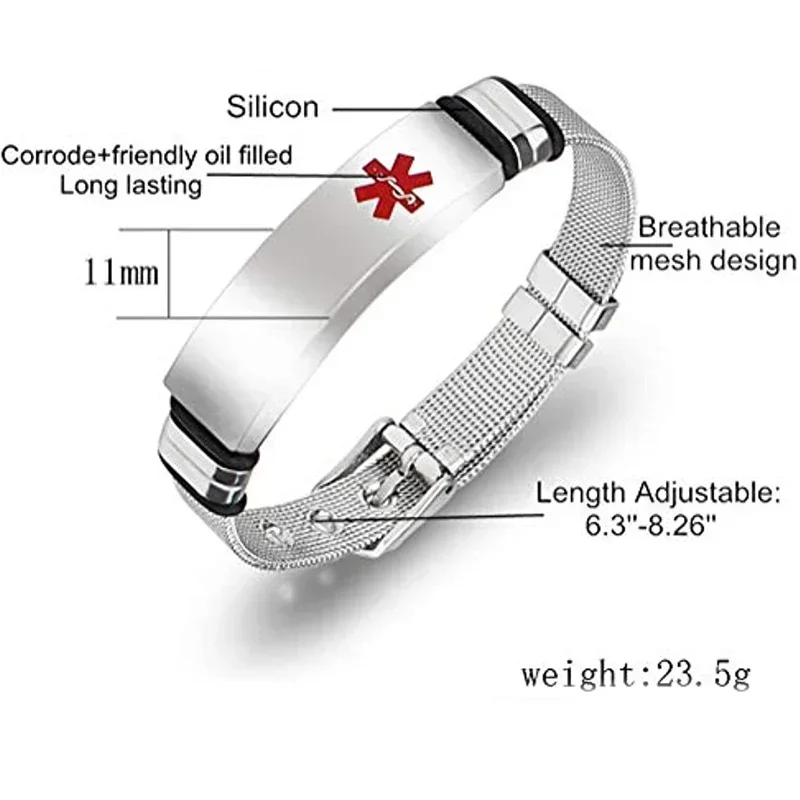 Emergency Assistance ID Bracelet Surgical Medical Alert Allergy Awareness Adjustable Stainless Steel Curved Sign Warning Message