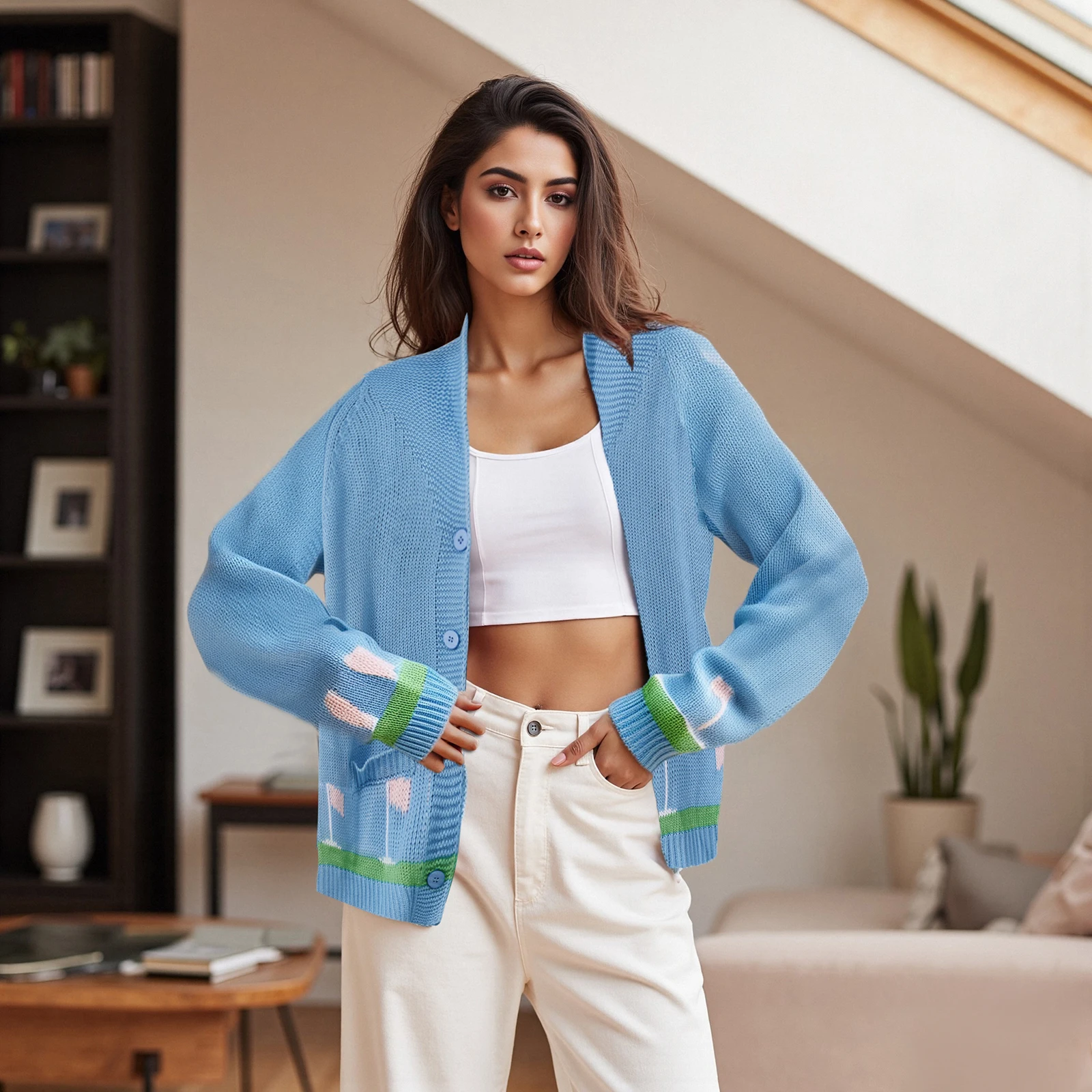 Women s Autumn Loose Cardigan Sweater Golf Car Heart Print Long Sleeve Round Neck Button Down Knitwear