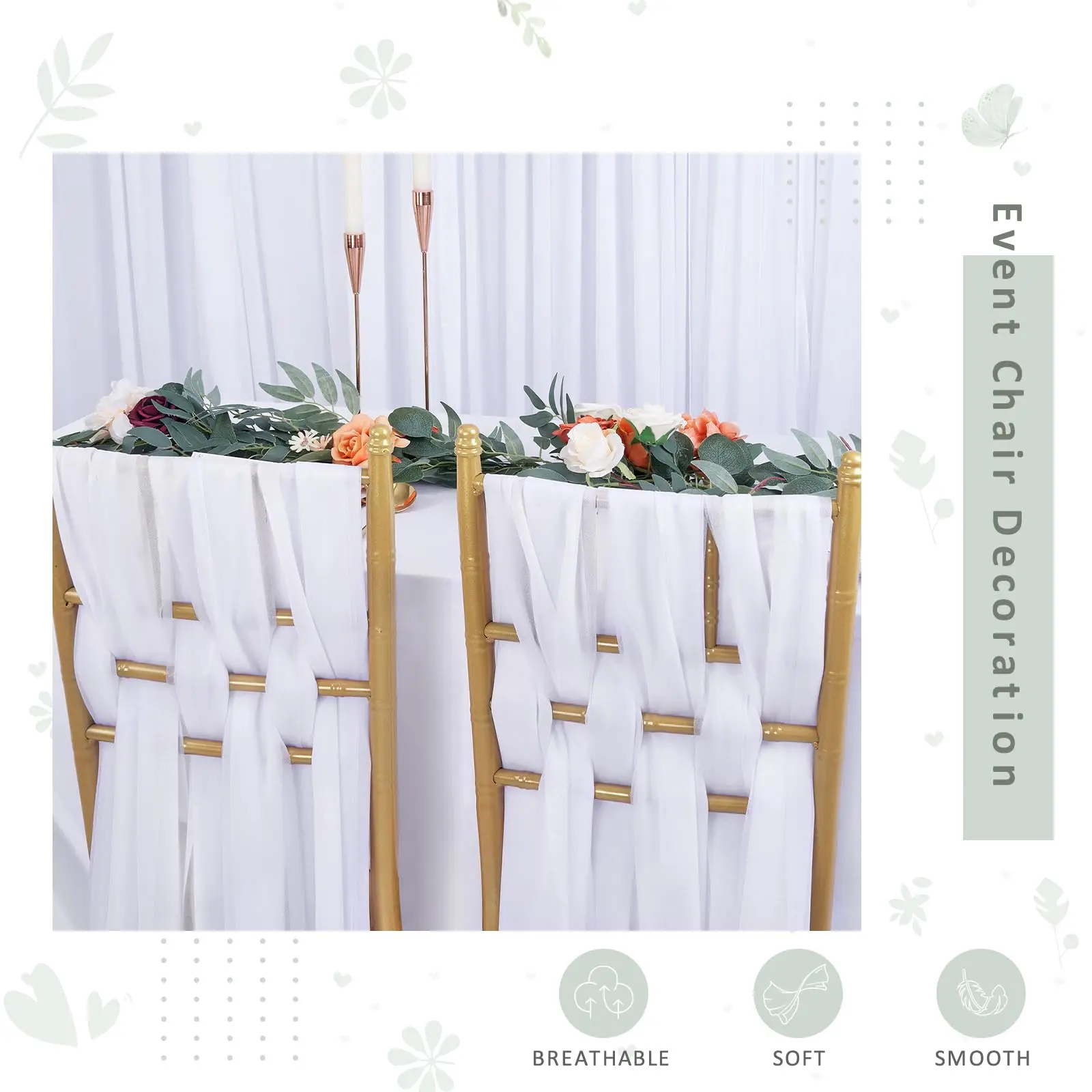 24 Pcs 17x275cm White  Chiffon Chair Sashes 12 SetChair Sash Wedding Chair Covers Ribbon Wedding Party Aisle Chair Decor