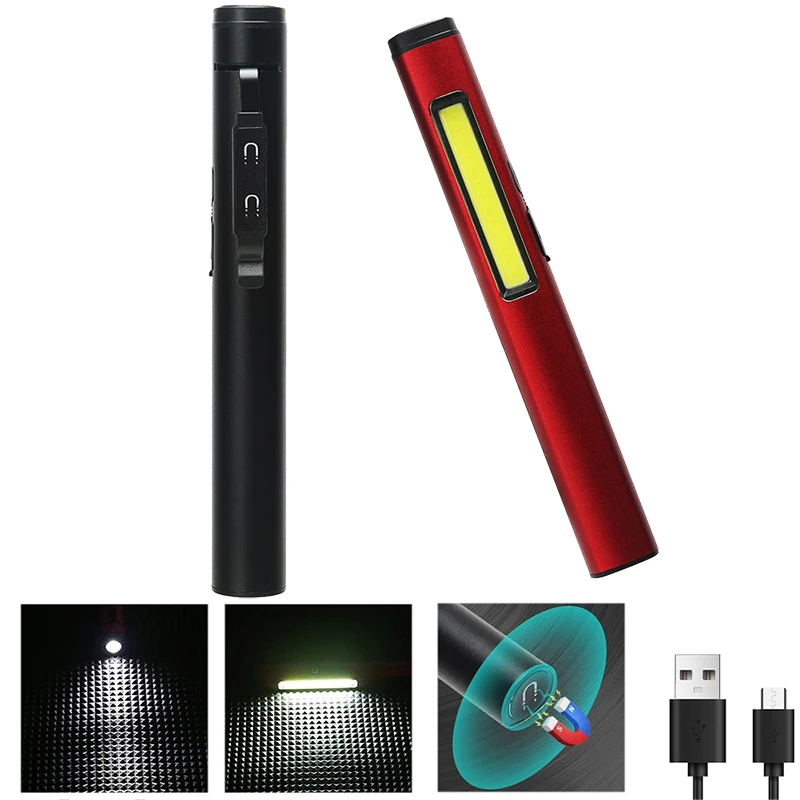 Portable LED Flashlight Side COB Built In Battery USB C Rechargeable MINI Pen Clip Light With The Bottom Magnet Inspection Work