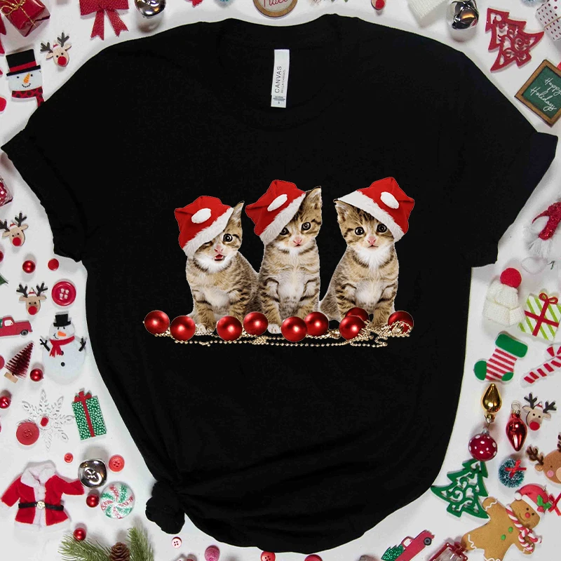 

Милая Рождественская футболка с изображением кошки, женская футболка с коротким рукавом, рождественские рубашки в стиле Харадзюку, трендовые футболки Y2k, мужская одежда Ulzzang