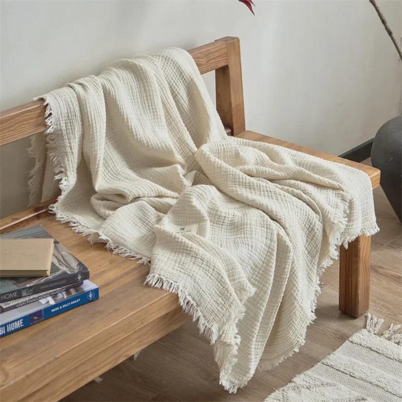 100% Cotton Throw Blanket 6 Layer Muslin Blankets Cooling Soft Throw Blanket for Bed Couch Breathable Gauze Blanket with Tassel