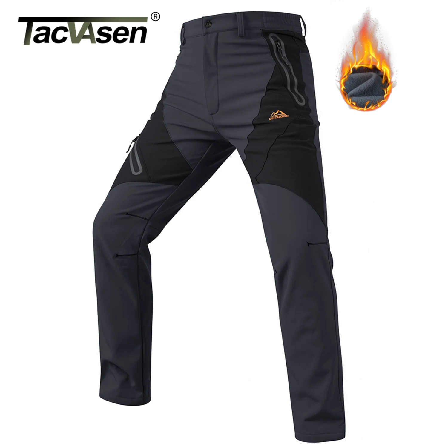 

TACVASEN Winter Fleece Softshell Pants Mens Hiking Warm Pants Waterproof Windproof Zipper Pockets Pants Snow Ski Work Trousers