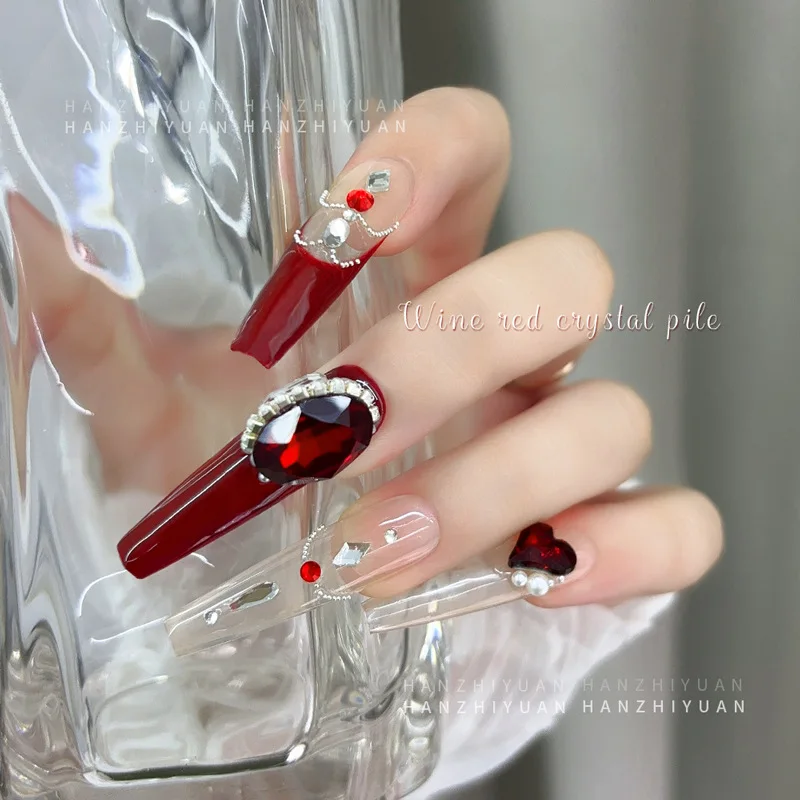 5 pçs prego strass encantos cristal arte do prego escuro borgonha angora diamante vermelho coração diamante acessórios