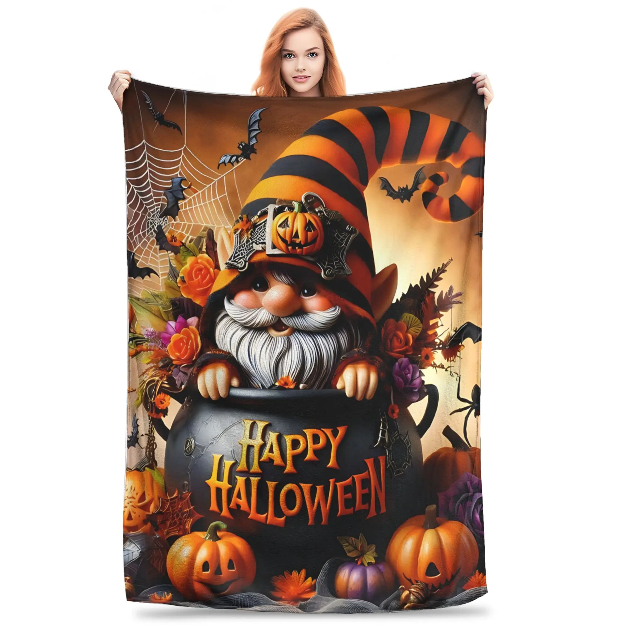 1PC Home Gnome Elf Vortex Blanket Throw Blanket  Novelty Warm Blanket All Season Gift for Happy Halloween Give Thanks