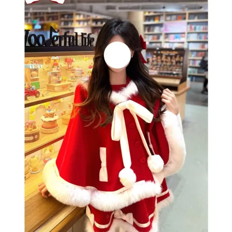 Japanse sfeer roksets meisjes mantel jas + halve rok tweedelige set kerst nieuwe kleding herfst winter nieuwe zoete 2025,