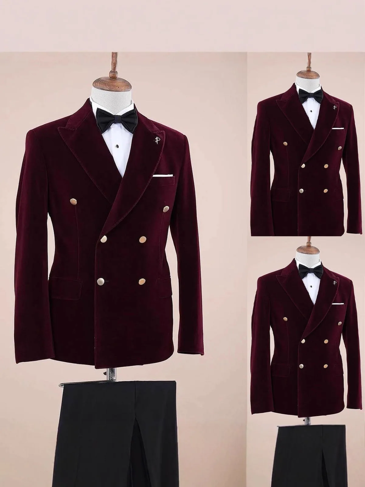 

Graceful Burgundy velvet dinner suit, casual slim-fit double-breasted men's suit; 2-piece Men's Suit ( Blazer+Pants ).