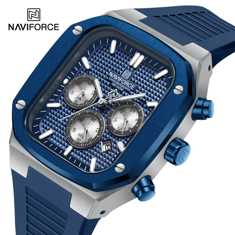 NAVIFORCE Business Men\'s Soft Silicone Strap Wristwatches Water Resistant Quartz Chronograph Man Watches with Square Dial NF8037