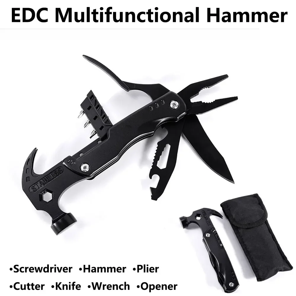 Outdoor EDC Multifunctional Hammer Nail Claw Wrench Opener Plier Screwdriver Knife Household Portable Woodworking Multitool