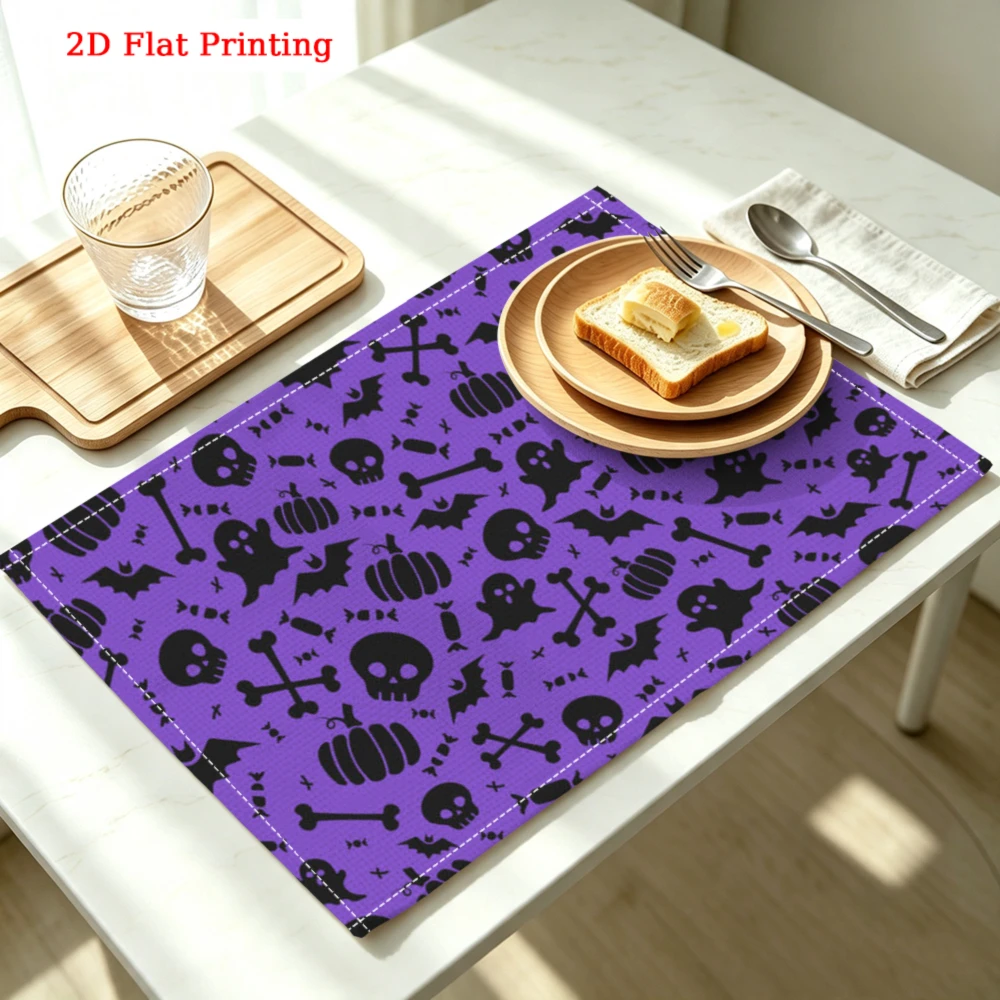 1pc Halloween Placemat Purple Skull Pumpkin Bat Ghost Print Table Mat Kitchen Dining Decor Non Slip Heat Resistant 30x40cm