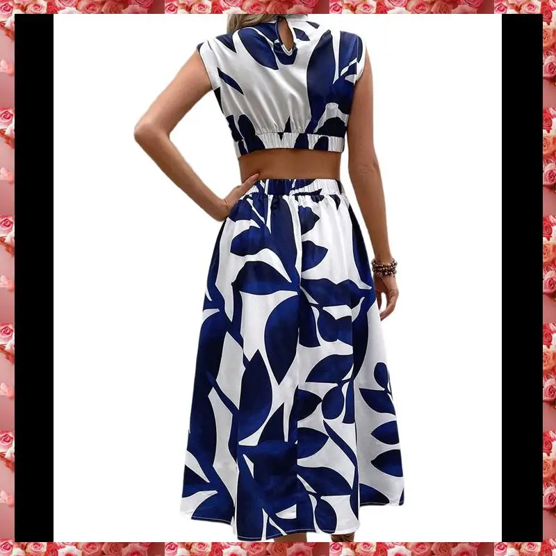 Women's Summer Dress Floral Print Cutout Batwing Sleeve Round Neck A-Line High Waist Midi Dress