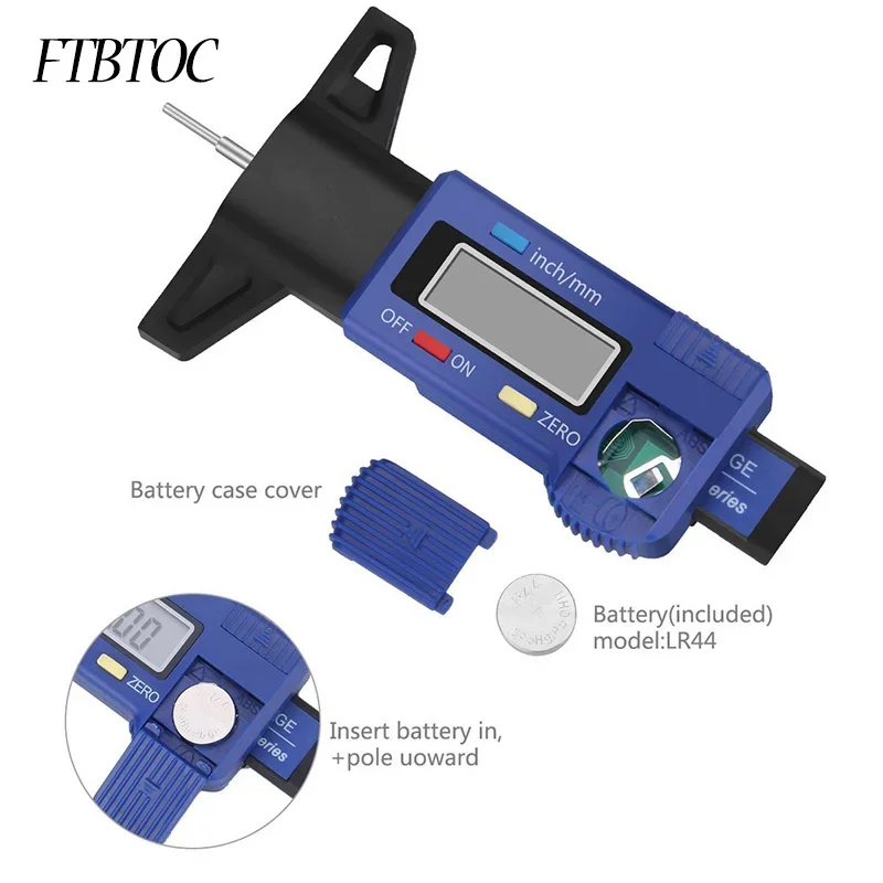 FTBTOC Digital Tyre Tread Depth Tester Measuring Gauge Automotive Tyre Wear Inspection Multi-function Digital LCD Display