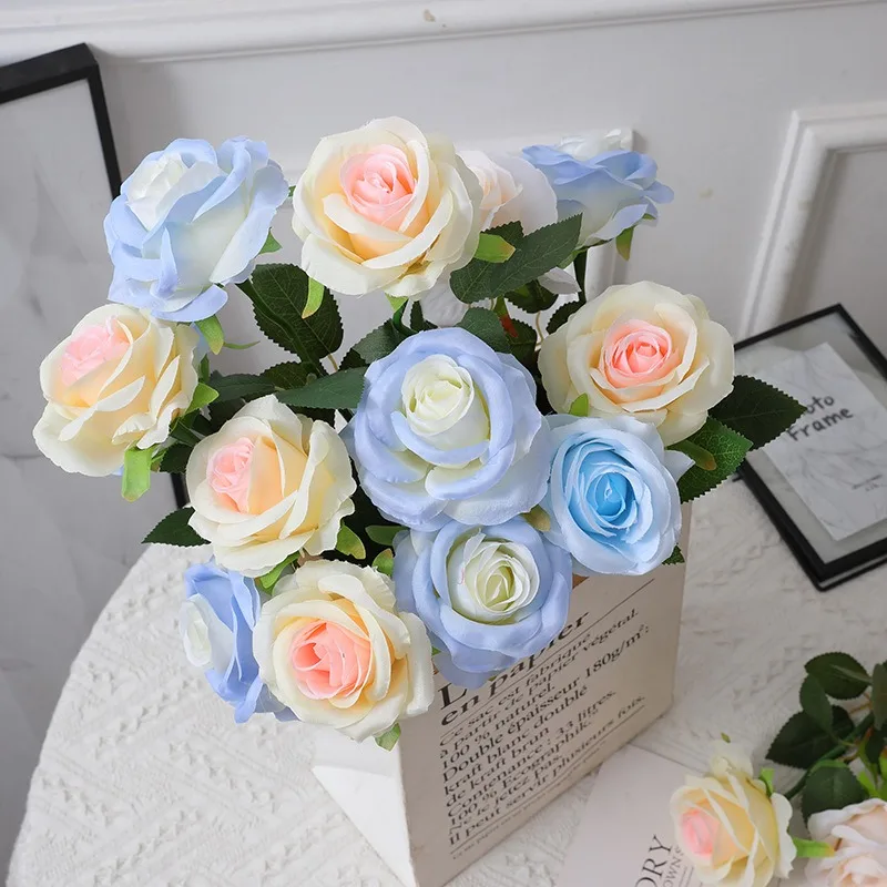 Simulated Single Crushed Ice Blue Rose Valentine's Day Silk Fake Flower Home Decoration Shooting Ecuadorian Rose