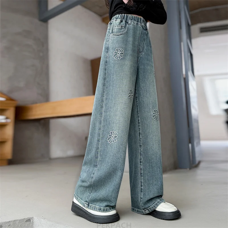 American Style Kids Child Wide Leg Flower Embroidered Wide Jeans For Teenage Girls y2k Embroidery Design Denim Pants Trousers