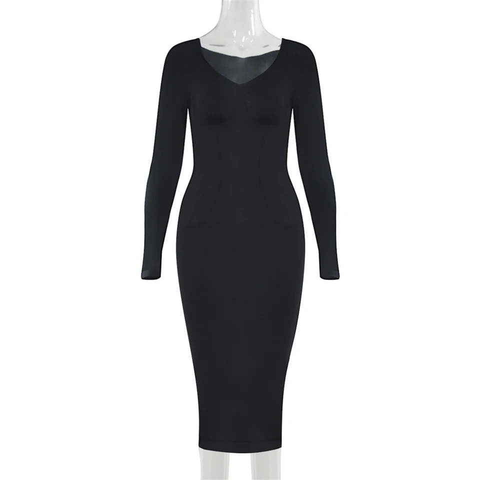 Becirzet Elegantes Damen-Maxikleid, Figurbetont, Langarm, Formende Unterwäsche, Übergröße – Detail 12