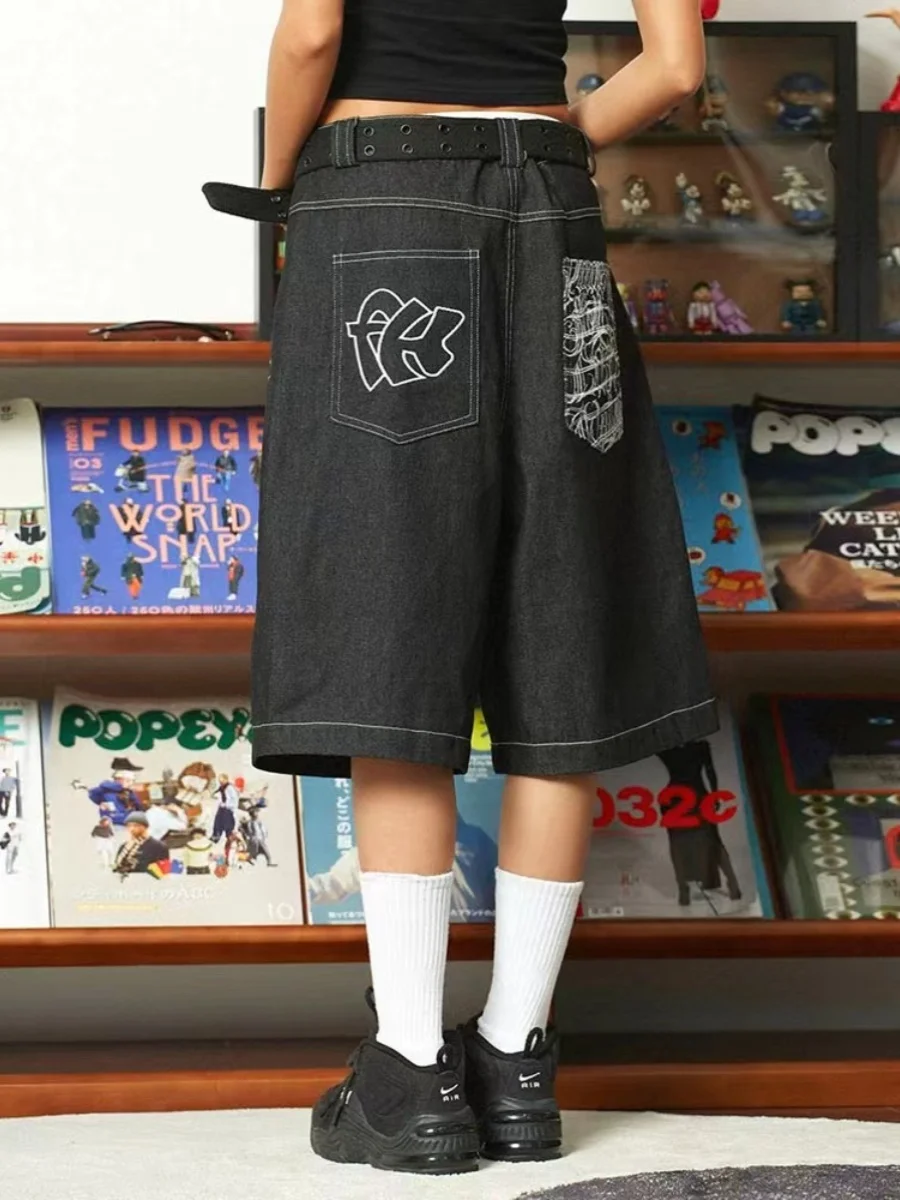 

American High Street West Coast Denim Shorts Men's Summer 2024 Trendy Brand Washed Embroidered Six-Part Pants Mid-Pants