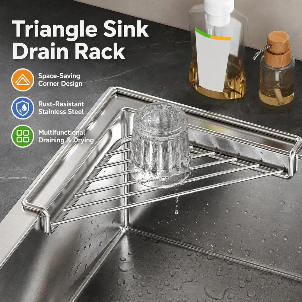 Triangle Sink Drain Rack 304 Stainless Steel Kitchen Corner Sponge Holder Dish Drying Basket Rustproof Organizer Storage Shelf