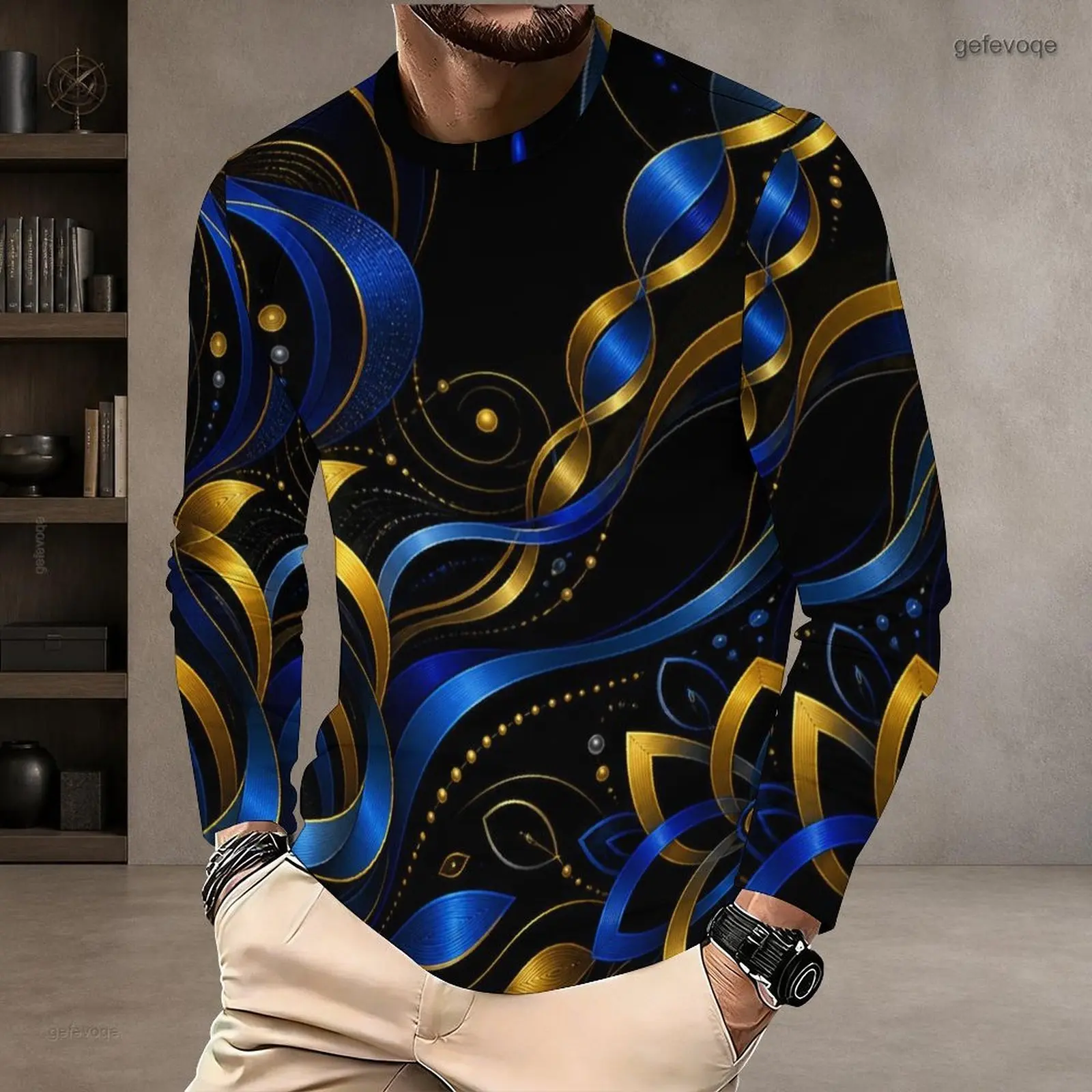 Men Round Neck Long Sleeve T-Shirt, Printed Blue Teal Swirl Wave Pattern White Pullover Top
