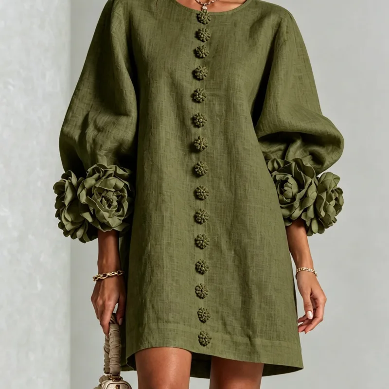 Women Cotton Linen Mini Dress Puff Sleeve Flower Button Loose O Neck Summer Beach Vacation Short Dress Navy Female Clothing