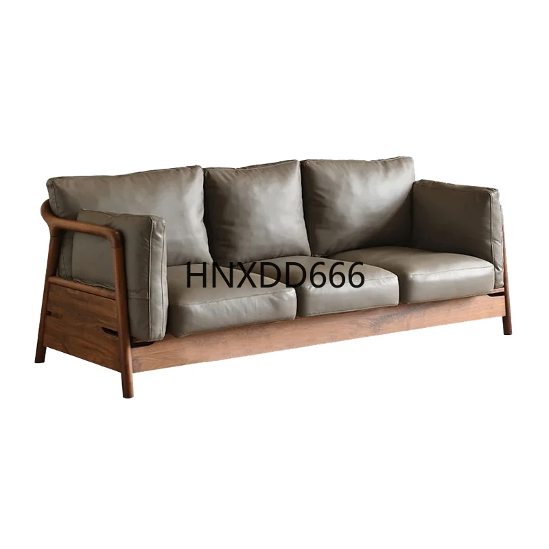 

New Chinese high-end black walnut leather sofa