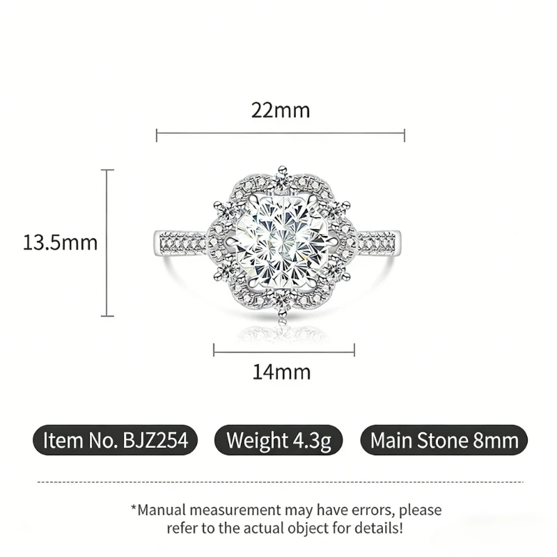 925 Sterling Silver Bright Millennium Cut High Carbon Diamond Plum Blossom Crown Ring Ladies Glamour Jewelry