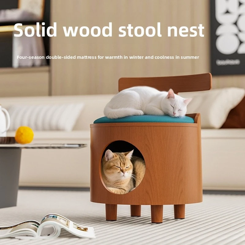 Cat bench cat nest closed warm four-season universal double-layer integrated solid wood pet products shared by people and cats