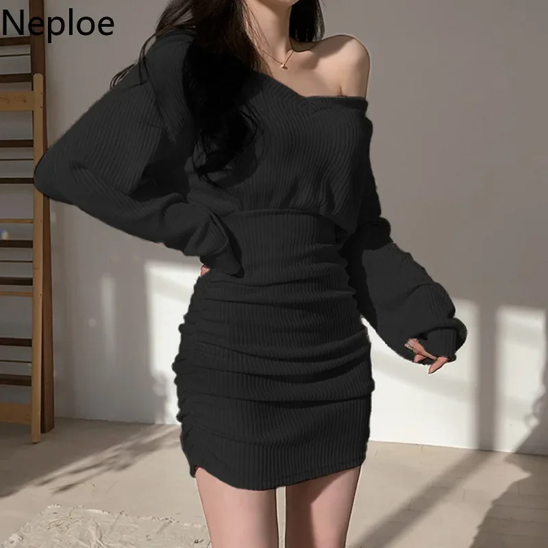 Neploe 2023 Korean Mini Dress Women Sexy V Neck Sweater Fashion Elegant Bodycon Dresses Long Sleeve Pleated Robe Knit Vestidos