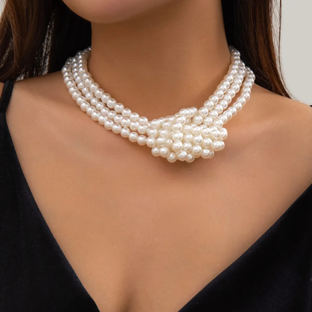Fashion Retro Black White Stitching Knot Multilayer Imitation Pearl Beaded Necklace for Women Party Dress Choker Charm Jewelry
