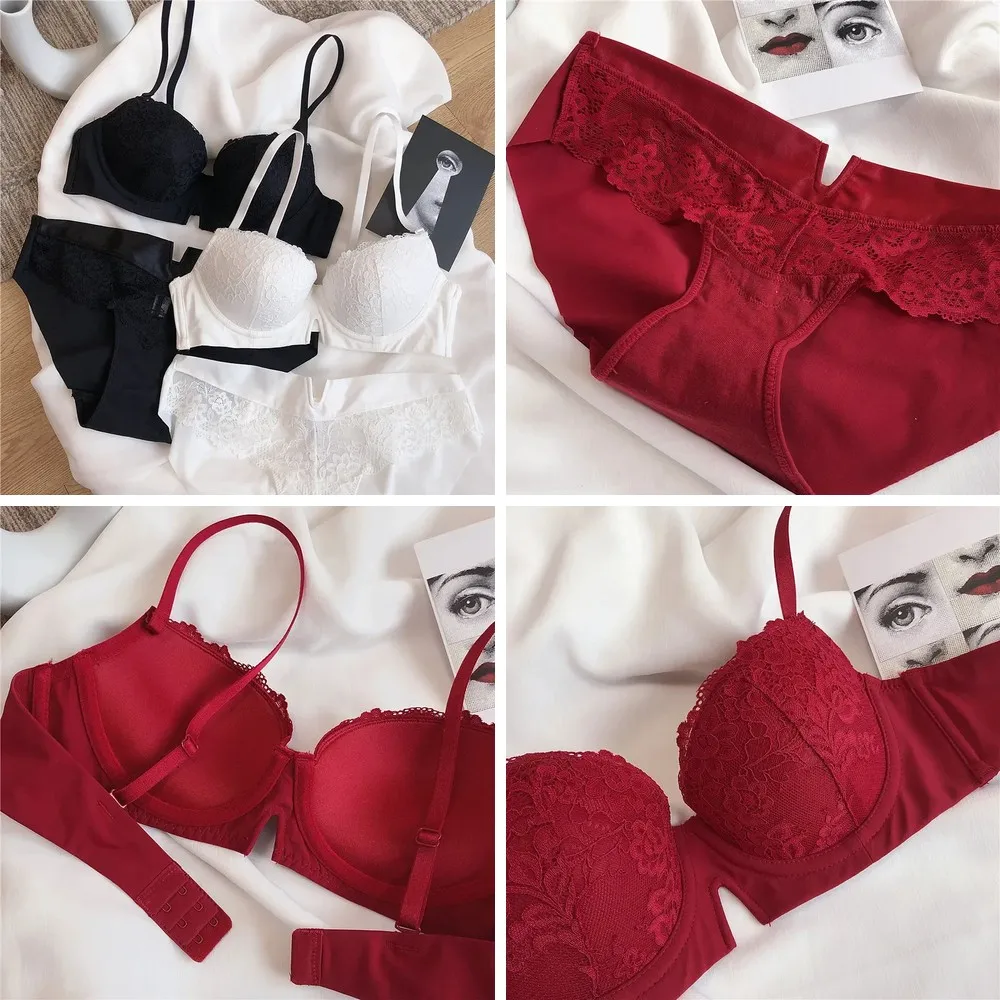 

Women's Sexy Lace Underwire Bra & Panty Set, Adjustable 3-Row Back Closure, Push Up Gathered Design