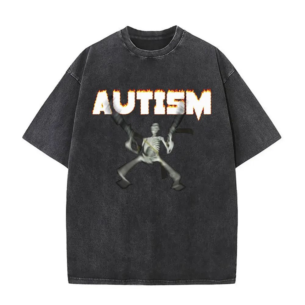Autism Funny Skeleton Meme Vintage Washed T-shirt Men Women Casual Humor Crewneck T Shirt Men's Gothic Rock Oversized T-shirts