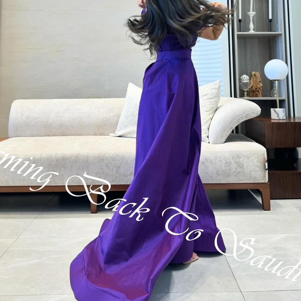 Customized Exquisite Sashes Draped High Neckline Floor Length A-Line Evening Dress Jersey Short Sleeves Sweep Train Vestido De F