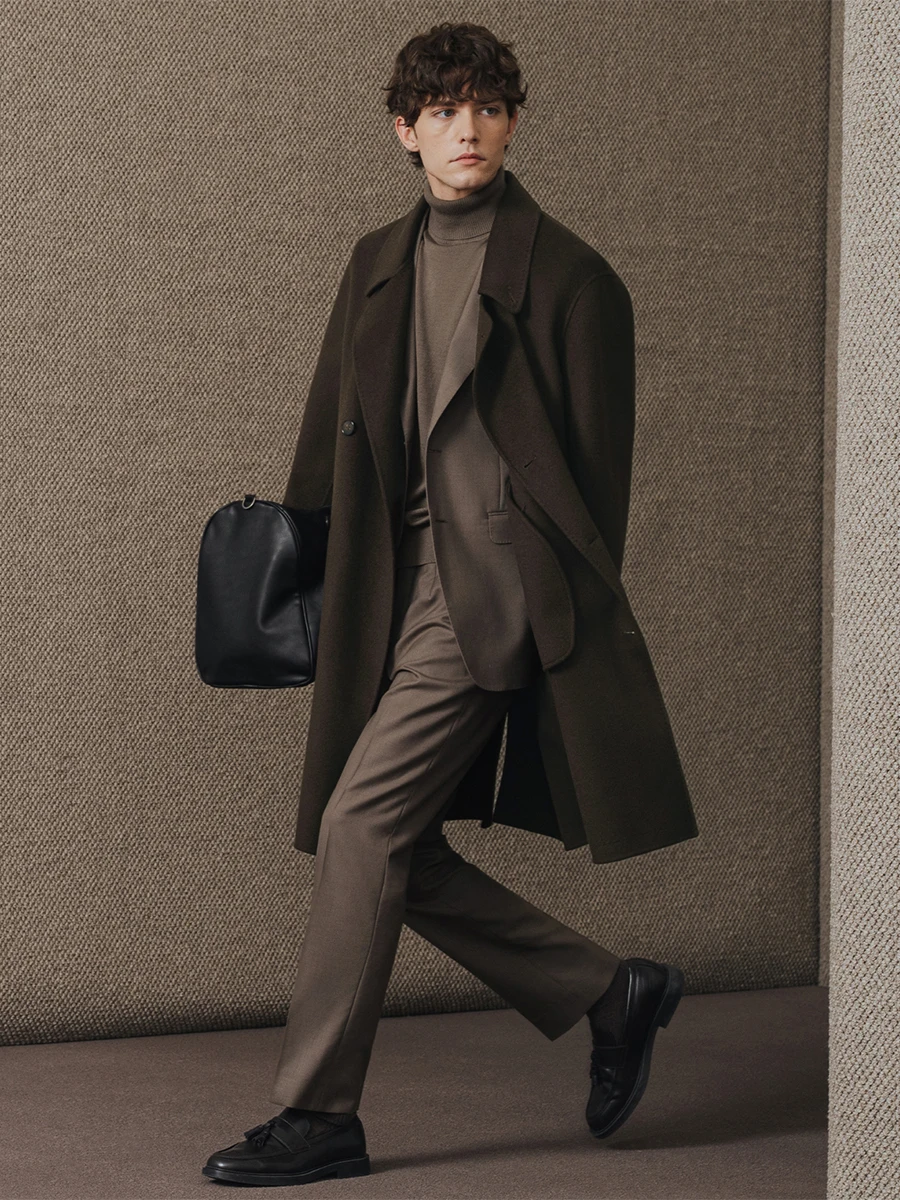 معطف رجالي 95% صوف 5% كشمير مزدوج الوجه مزدوج الصدر سترة شتوية ثقيلة منتصف طول معطف على شكل ثوب للعمل والملابس