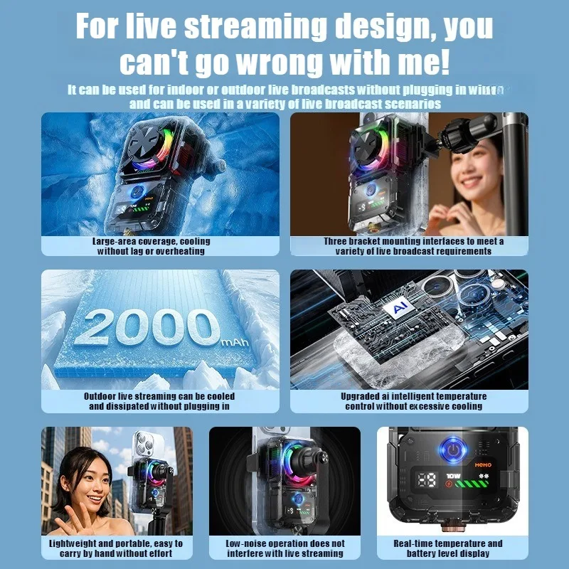 MEMO DL23 Semiconductor Phone Cooler Built-in 2000mAh Cooling Fan Radiator with Temperature Display for Gaming & Live Streaming