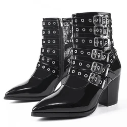 Mirror leather boots thick heel square heel pointed toe multi-row belt buckle short boots female