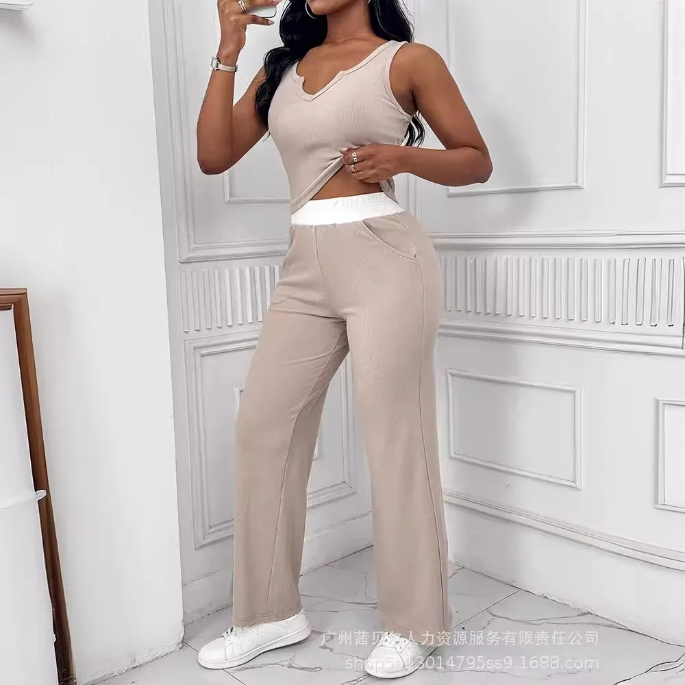 

Two Piece Sets Pant Set Women Matching Sets V Neck Sleeveless Vest Tops Sexy Lace Up High Waist Casual Long Straight Pants