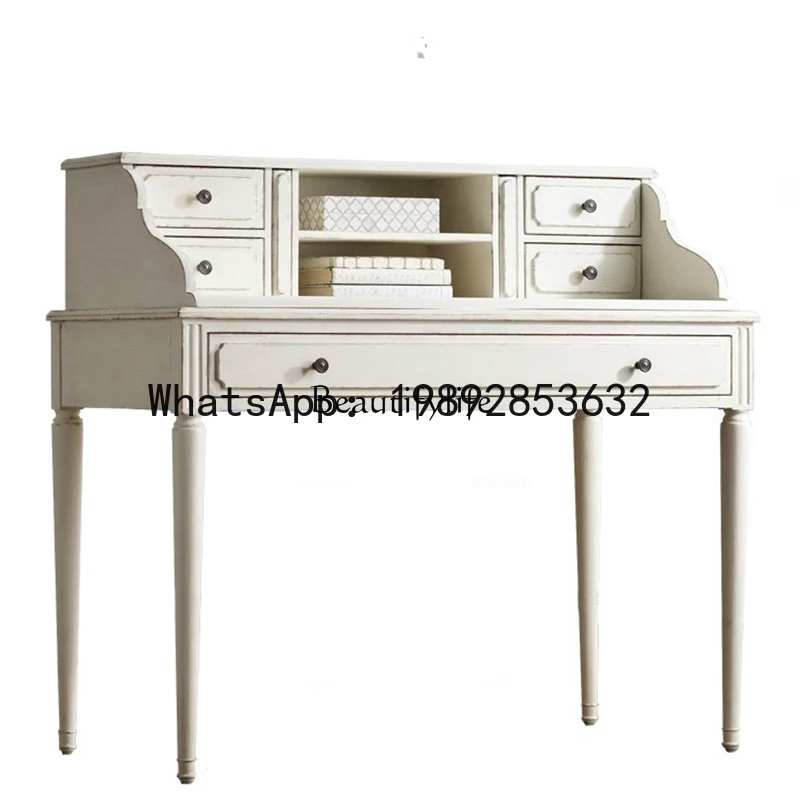 Mini escritorio Country totalmente de madera maciza para dormitorio con cajón, caja de almacenamiento, escritorio