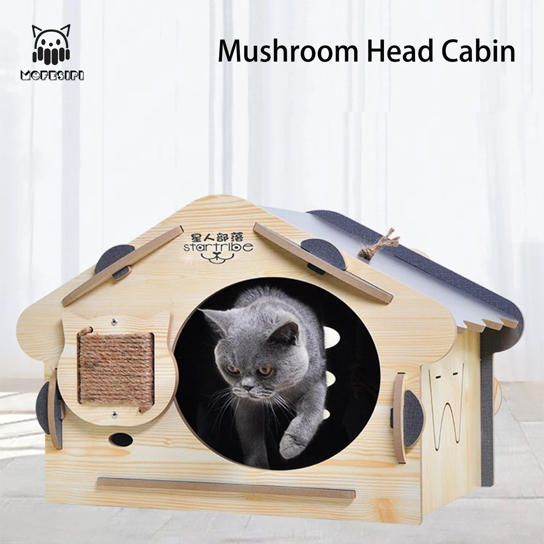 MOFESIPI Wooden Cat House Easily Assembled Cat Hiding Place With Roof Kitty Cave With Scratch Board Cat Shelter For Indoor