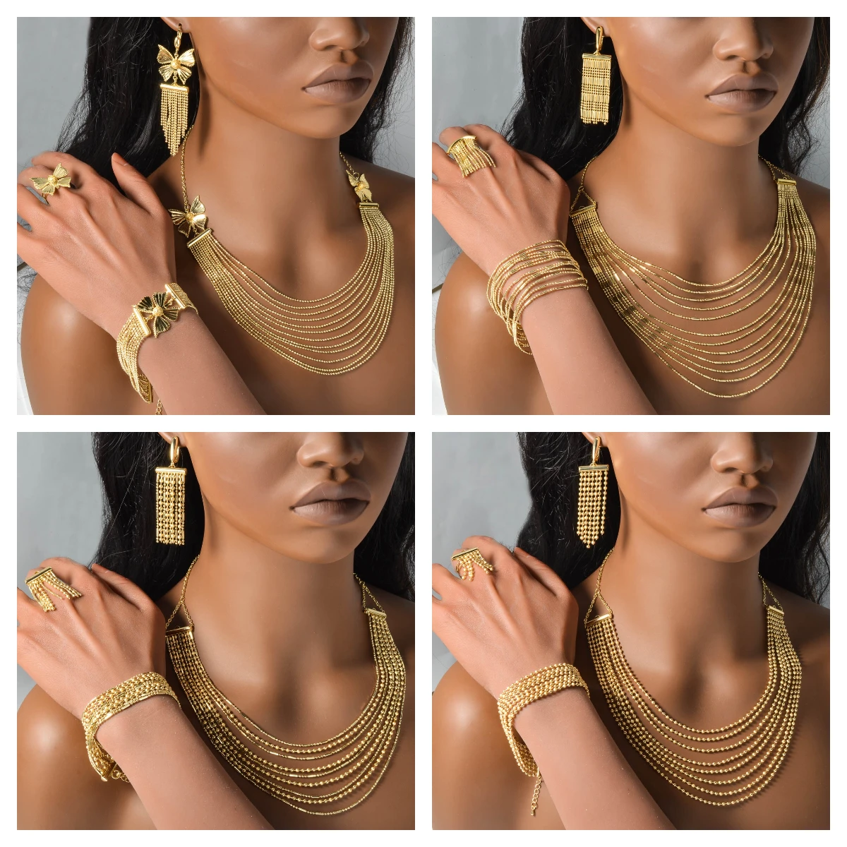 

Dubai Luxury Style 18K Gold-Plated Jewelry Four-Piece Set Multi-Layer Necklace Stackable Bracelet Earrings Ring for Wedding Gift